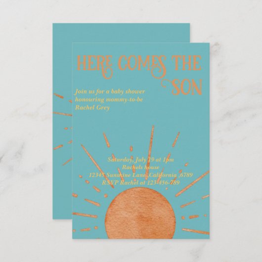 ここで来息子の赤ちゃんシャワーの招待 招待状 (正面/裏面)