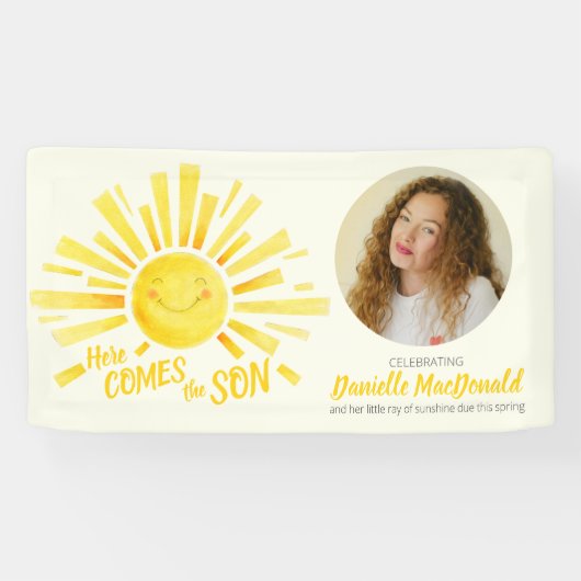 ここで来息子の黄色の太陽の写真の赤ちゃんシャワー 横断幕 (横)