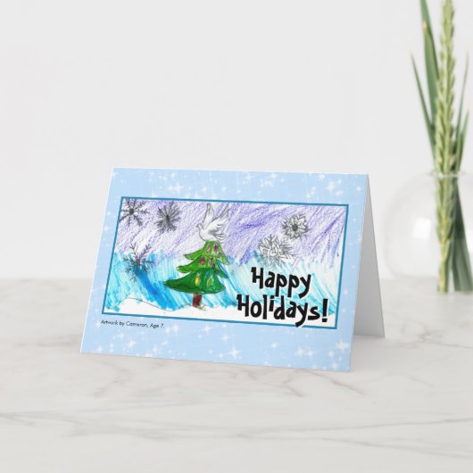 ここにあなたの子供のクリスマスの作品 ハッピーホリデー シーズンカード (正面)