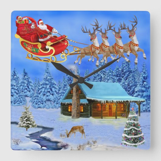 ここにサンタクロースを来ます スクエア壁時計 (正面)