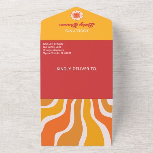 ここに来る息子Groovyサンシャインベビーボーイシャワー オールインワン招待状 (外側)