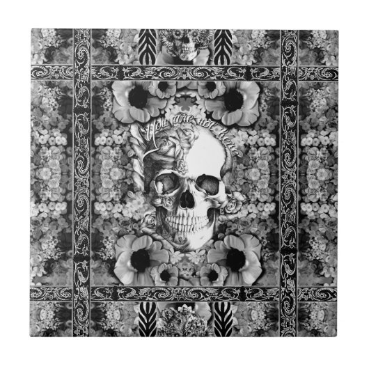 ここに、華美なスカルおよびケシパターン タイル (正面)