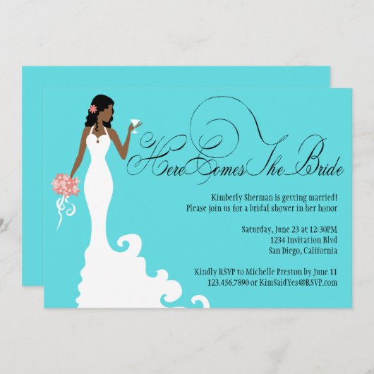 ここのシックなティール（緑がかった色）の黒の珊瑚は花嫁を来ます 招待状 (正面/裏面)