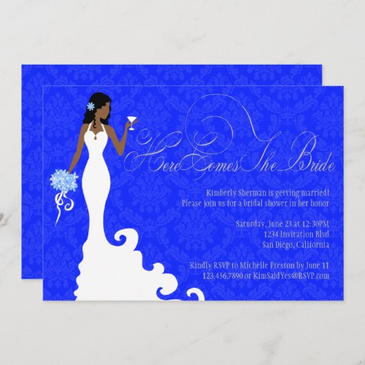 ここのシックなロイヤルブルーの銀のダマスク織は花嫁を来ます 招待状 (正面/裏面)