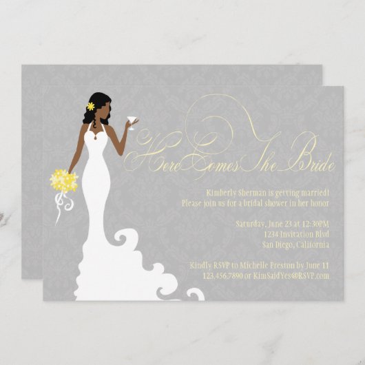 ここのシックな灰色の黄色は花嫁のシャワーを来ます 招待状 (正面/裏面)