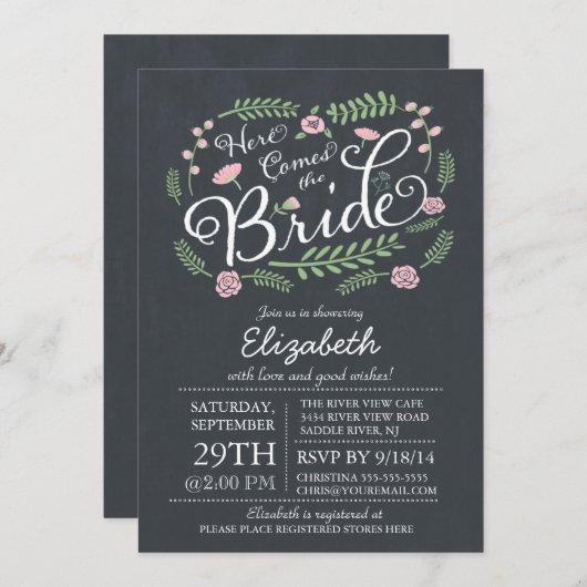 ここのモダンな黒板は花嫁の花柄を来ます 招待状 (正面/裏面)