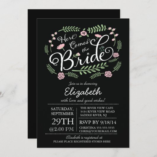 ここのモダンは花嫁のピンクの花柄を来ます 招待状 (正面/裏面)