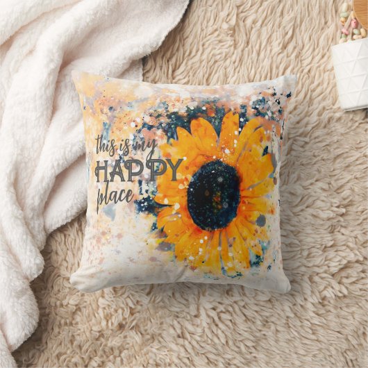 ここは私のハッピーな場所ひまわり水色 クッション (ブランケット)