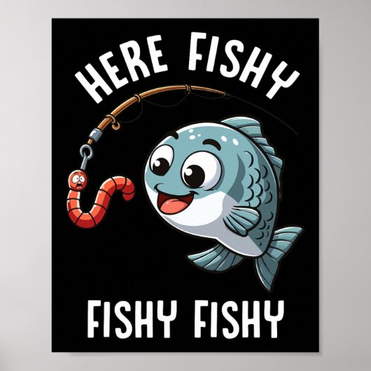 ここフィッシュ魚釣りおもしろいワームかわいい魚の漁師 ポスター (正面)