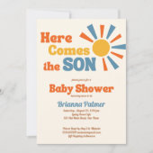 ここ来では、息子のグルーヴィなレトロな赤ちゃんシャワー 招待状 (正面)
