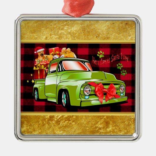 ここ来でサンタの犬のクリスマスパレード メタルオーナメント (正面)