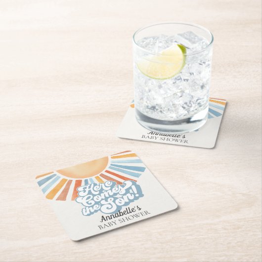ここ来でソンサンシャインボーイ赤ちゃんシャワーパーティー スクエアペーパーコースター (インサイチュ)