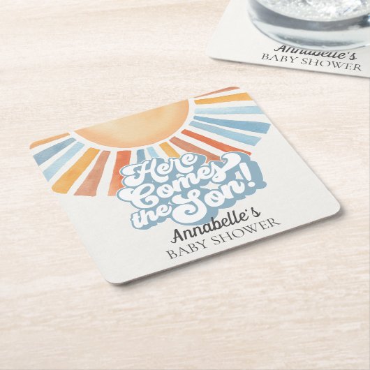 ここ来でソンサンシャインボーイ赤ちゃんシャワーパーティー スクエアペーパーコースター (アングル)