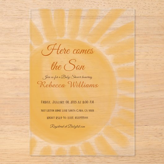 ここ来でソンサンシャインレイイエローベイビーシャワー アクリル招待状 (正面)
