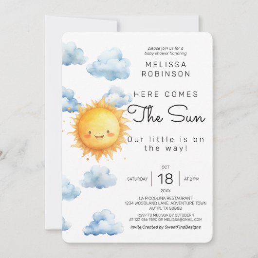 ここ来で太陽の水の色の男の赤ちゃん 招待状 (正面)