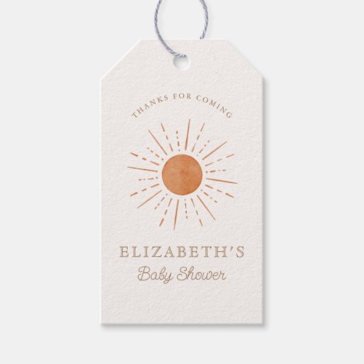 ここ来で太陽の燃えたオレンジの太陽の赤ちゃんシャワー ギフトタグ (正面)