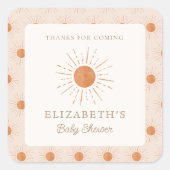 ここ来で太陽の燃えたオレンジの太陽の赤ちゃんシャワー スクエアシール (正面)