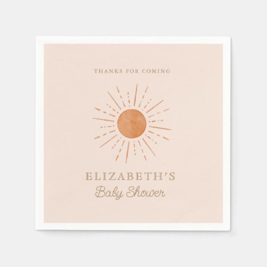 ここ来で太陽の燃えたオレンジの太陽の赤ちゃんシャワー スタンダードカクテルナプキン (正面)