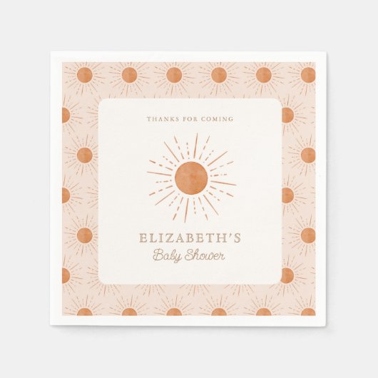 ここ来で太陽の燃えたオレンジの太陽の赤ちゃんシャワー スタンダードカクテルナプキン (正面)