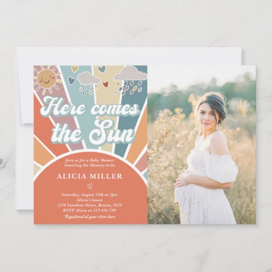 ここ来で太陽の赤ん坊のシャワー消音レインボー 招待状 (正面)