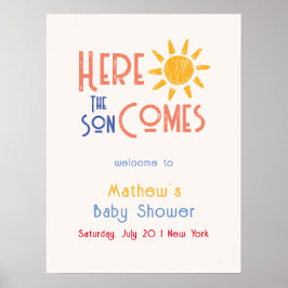 ここ来で息子かわいいレトロ赤ちゃんシャワー歓迎 ポスター