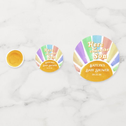 ここ来で息子のレトロ男の子の赤ちゃんシャワーの写真 コンフェッティ (正面)