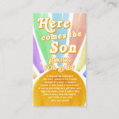 ここ来で息子のレトロ男の子の赤ちゃんシャワーの本 エンクロージャーカード (正面)