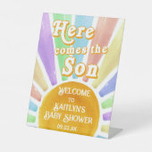 ここ来で息子のレトロ男の子の赤ちゃんシャワー歓迎 台座サイン (正面)