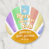 ここ来で息子のレトロ男の子の赤ちゃんシャワー フェイバータグ (正面)