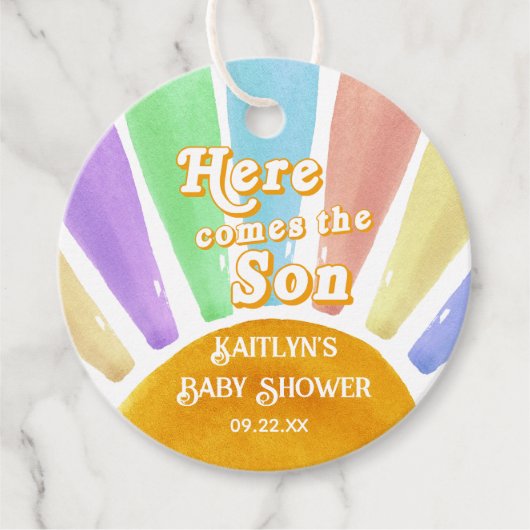 ここ来で息子のレトロ男の子の赤ちゃんシャワー フェイバータグ (正面)