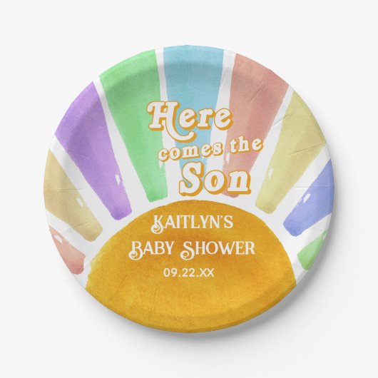 ここ来で息子のレトロ男の子の赤ちゃんシャワー ペーパープレート (正面)