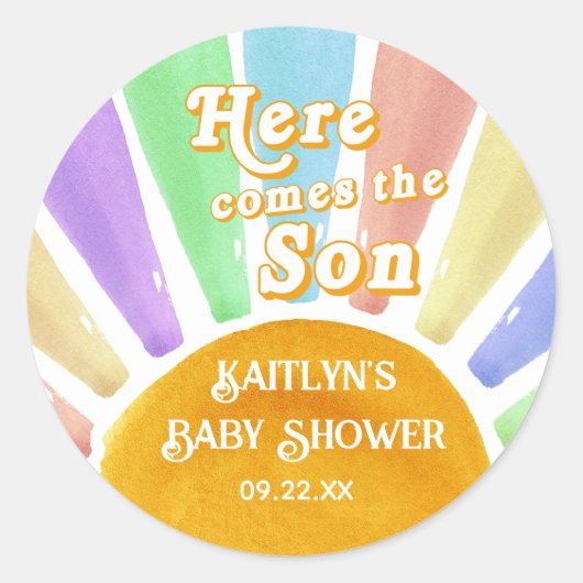 ここ来で息子のレトロ男の子の赤ちゃんシャワー ラウンドシール (正面)