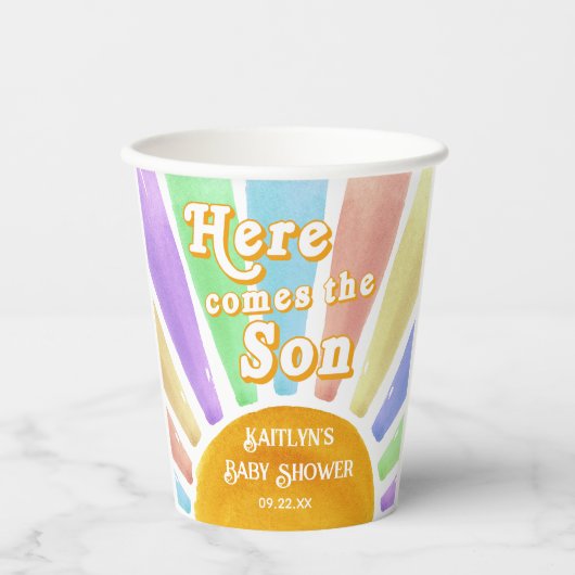 ここ来で息子のレトロ男の子の赤ちゃんシャワー 紙コップ (正面)