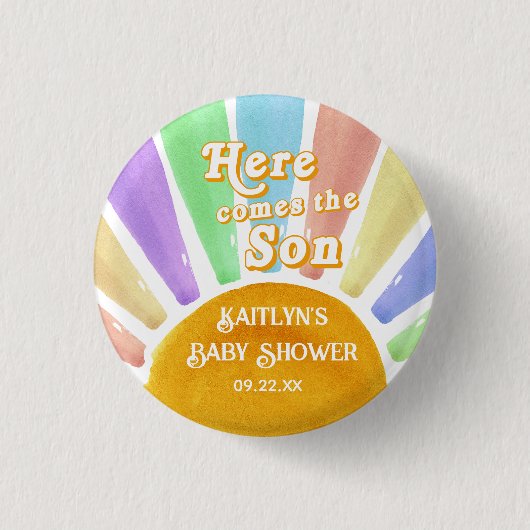 ここ来で息子のレトロ男の子の赤ちゃんシャワー 缶バッジ (正面)