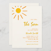 ここ来で息子の手書き男の子の赤ちゃんシャワー 招待状 (正面/裏面)