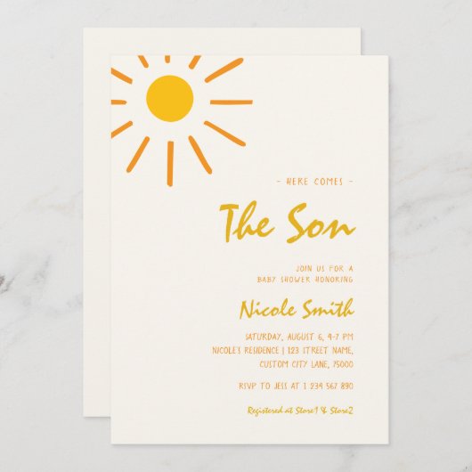 ここ来で息子の手書き男の子の赤ちゃんシャワー 招待状 (正面/裏面)