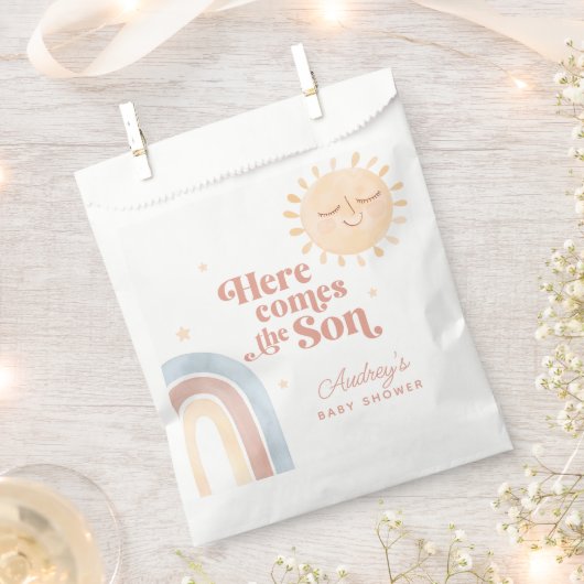 ここ来で息子の水の色ボホベイビーシャワー フェイバーバッグ (クリップ留めされた状態)