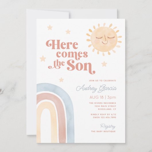 ここ来で息子の水の色ボホベイビーシャワー 招待状 (正面)