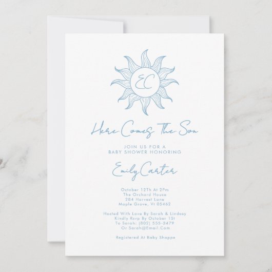 ここ来で息子の男の子の太陽の赤ん坊シャワー青 招待状 (正面)