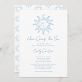 ここ来で息子の男の子の太陽の赤ん坊シャワー青 招待状 (正面/裏面)