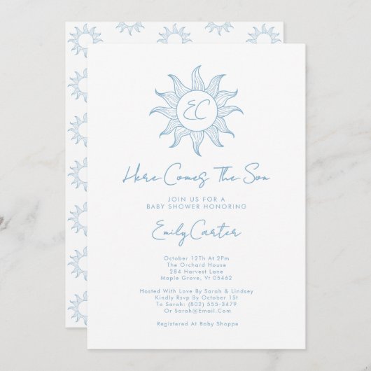 ここ来で息子の男の子の太陽の赤ん坊シャワー青 招待状 (正面/裏面)