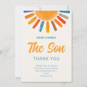 ここ来で息子の男の子の赤ん坊シャワーサンキューカード 招待状 (正面)