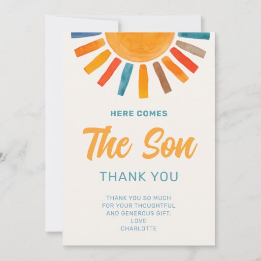 ここ来で息子の男の子の赤ん坊シャワーサンキューカード 招待状 (正面)