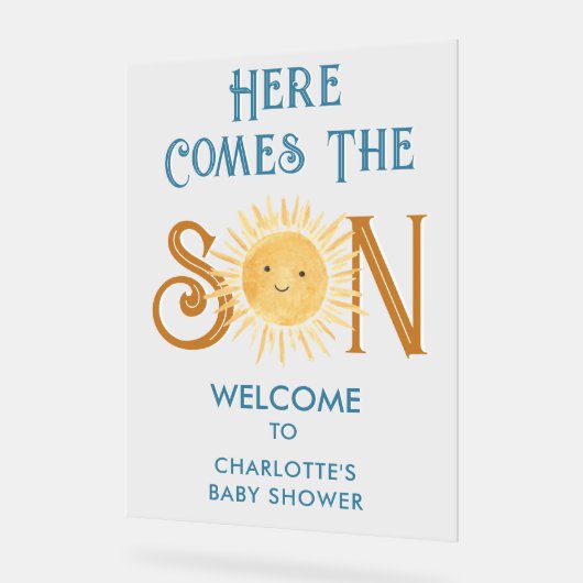 ここ来で息子の赤ちゃんシャワー歓迎 アクリルサイン (傾斜)