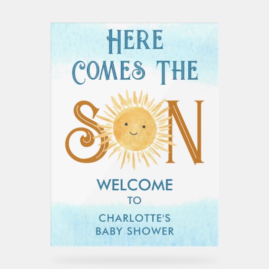 ここ来で息子の赤ちゃんシャワー歓迎 アクリルサイン (正面)