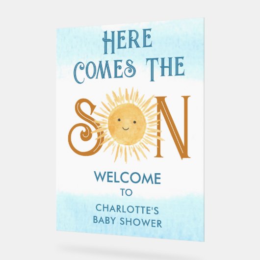 ここ来で息子の赤ちゃんシャワー歓迎 アクリルサイン (傾斜)