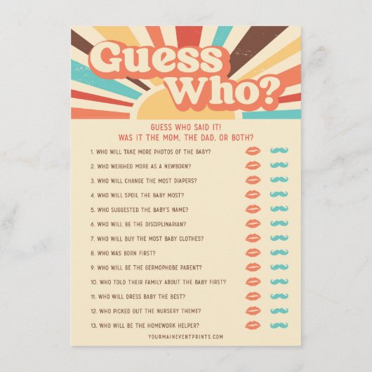 ここ来で息子の赤ん坊のシャワーのゲーム メニュー (裏面)