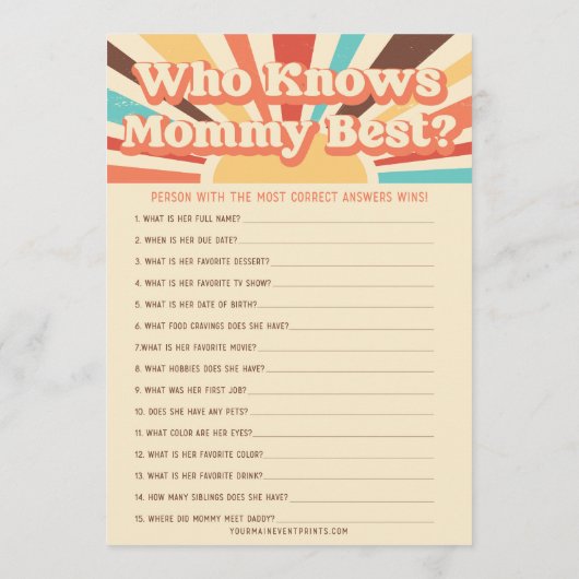 ここ来で息子の赤ん坊のシャワーのゲーム メニュー (裏面)