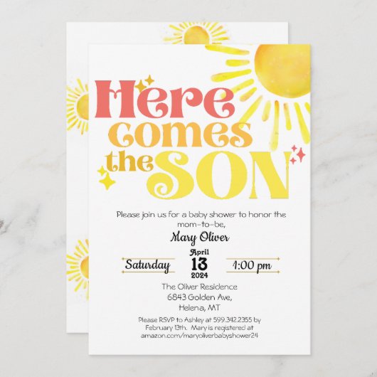 ここ来で息子の赤ん坊シャワー招待状ボーイソン 招待状 (正面/裏面)