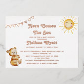 ここ来で息子ベー男の子ベビシャワーバラ金ゴールド 箔招待状 (正面)